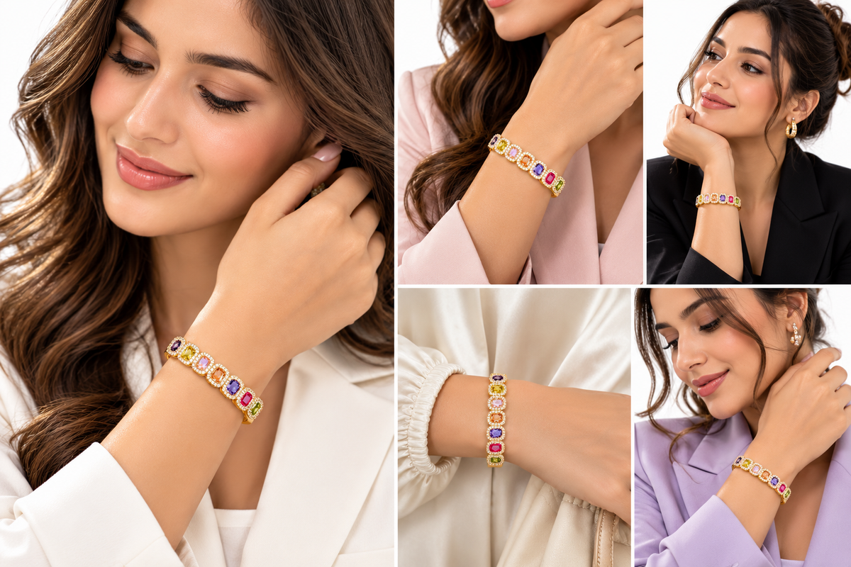 Glamour Multi-Stone Zirconia Bangle| 18K Gold Plated Luxury