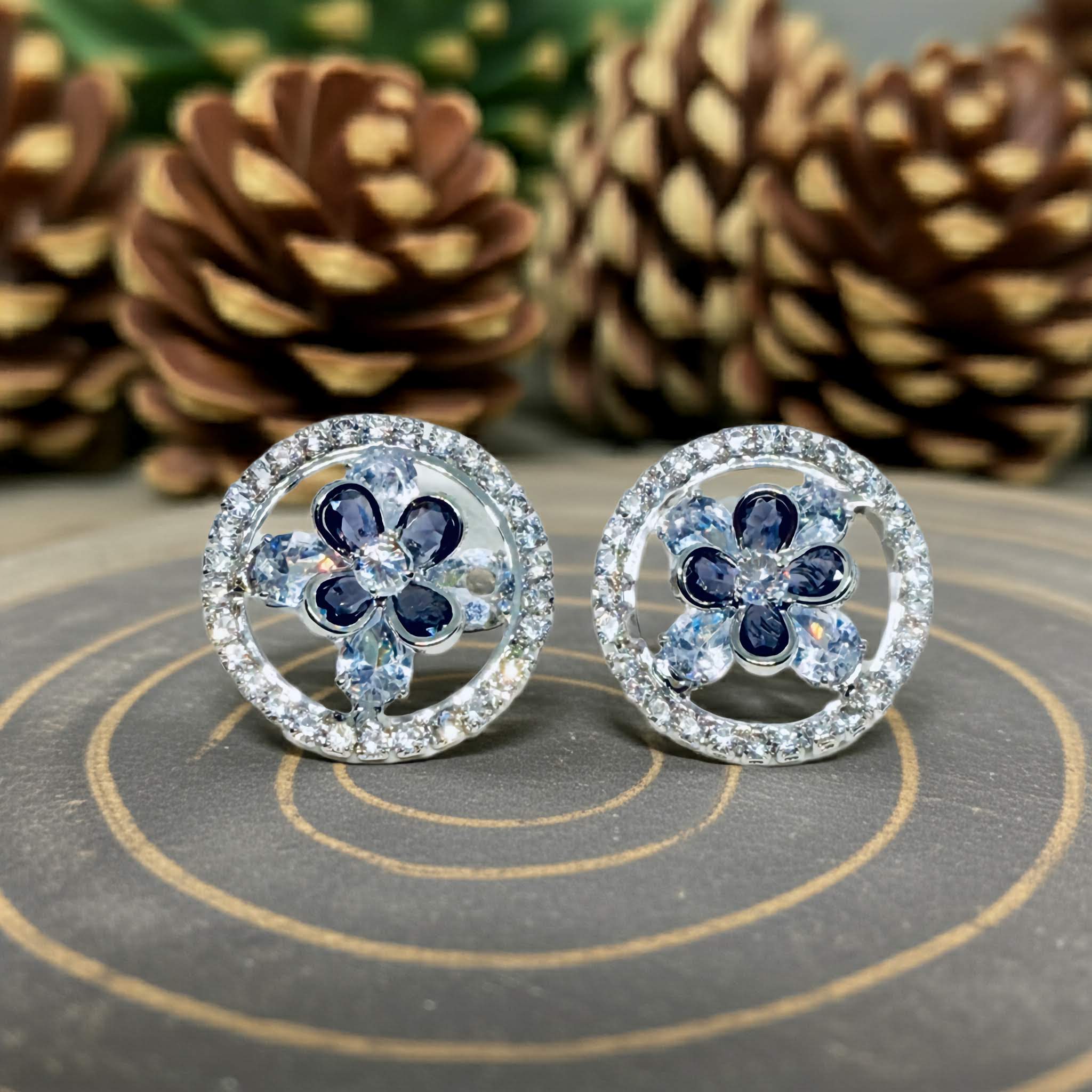 A Pair of studs earrings with blue gemstones on a gray surface with pinecones in the background