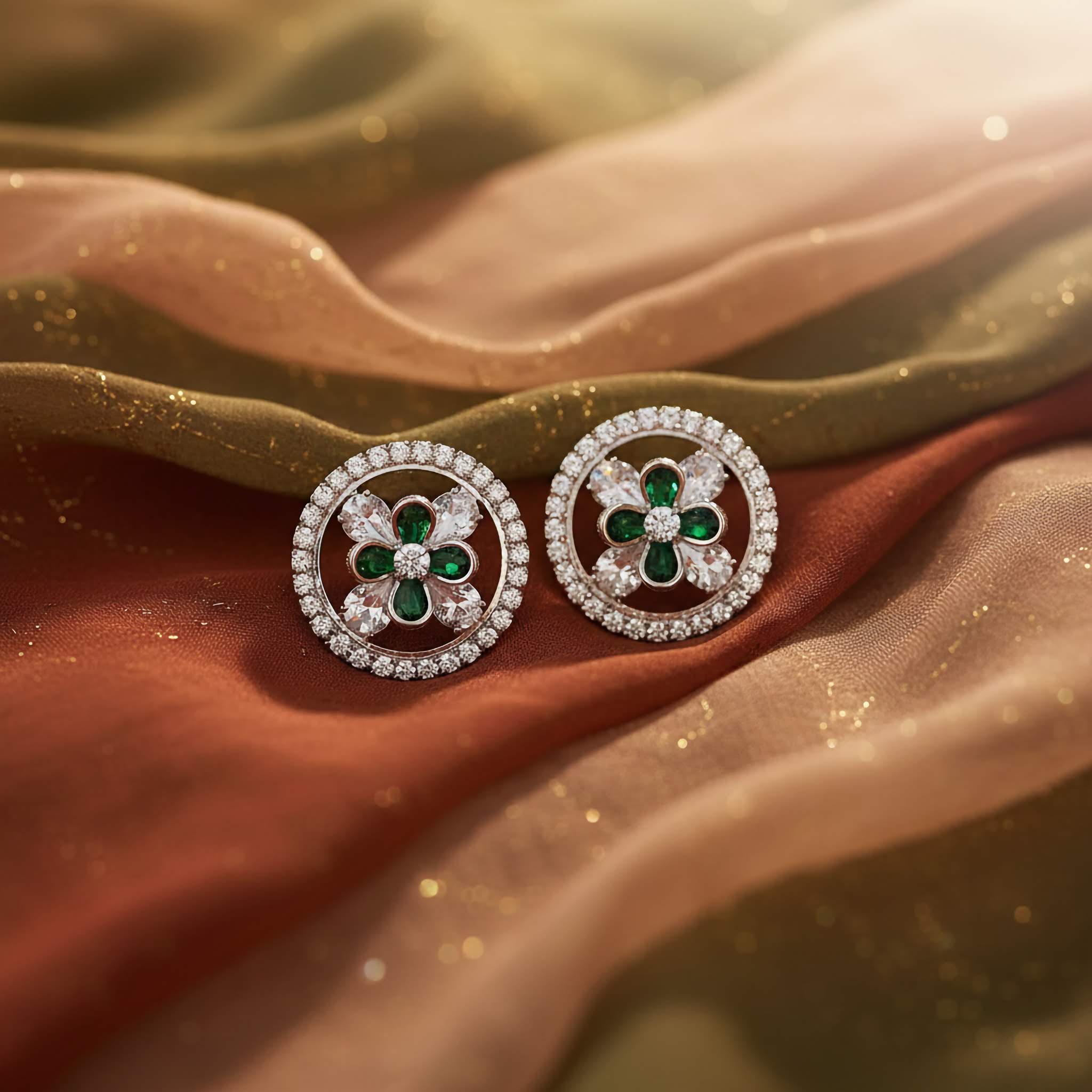A Pair of Stud earrings with green gemstones and Zirconia diamond on a fabric background