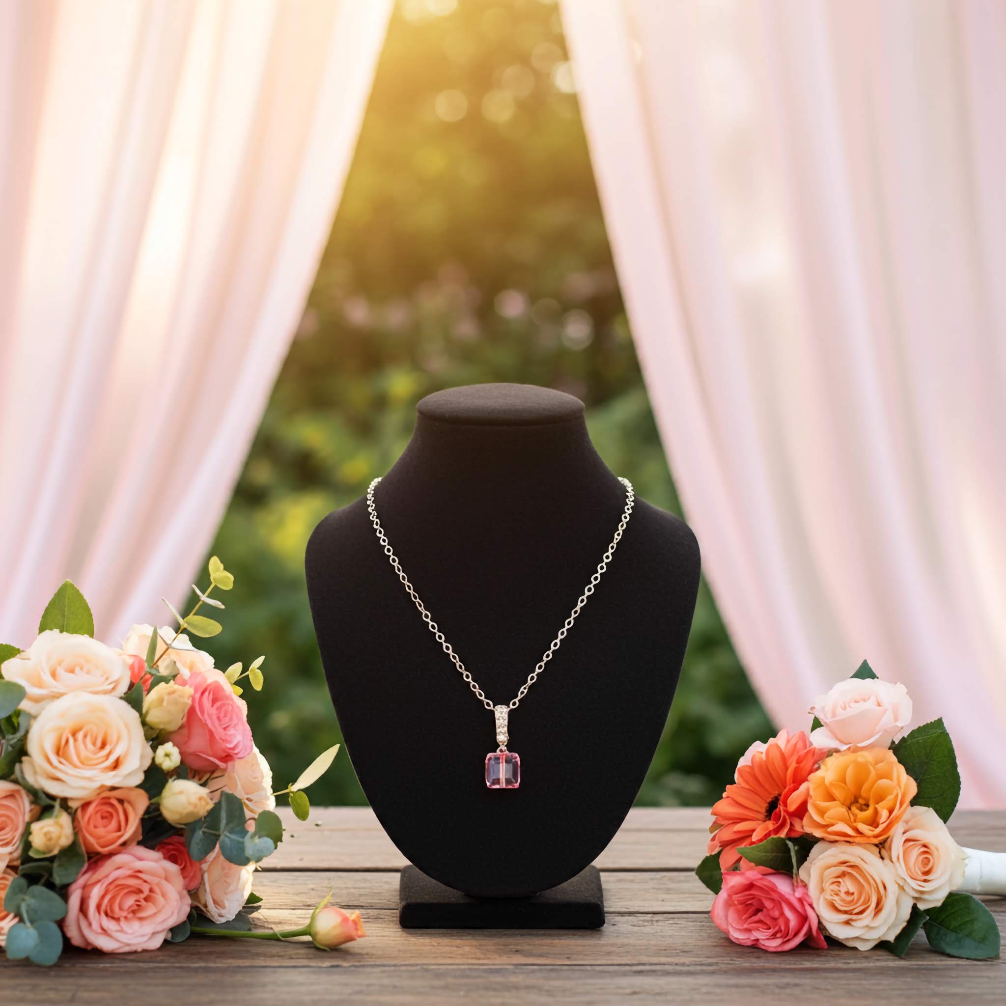 Radiant cut pink pendant Necklace on a black bust with flowers on either side against a blurred outdoor background