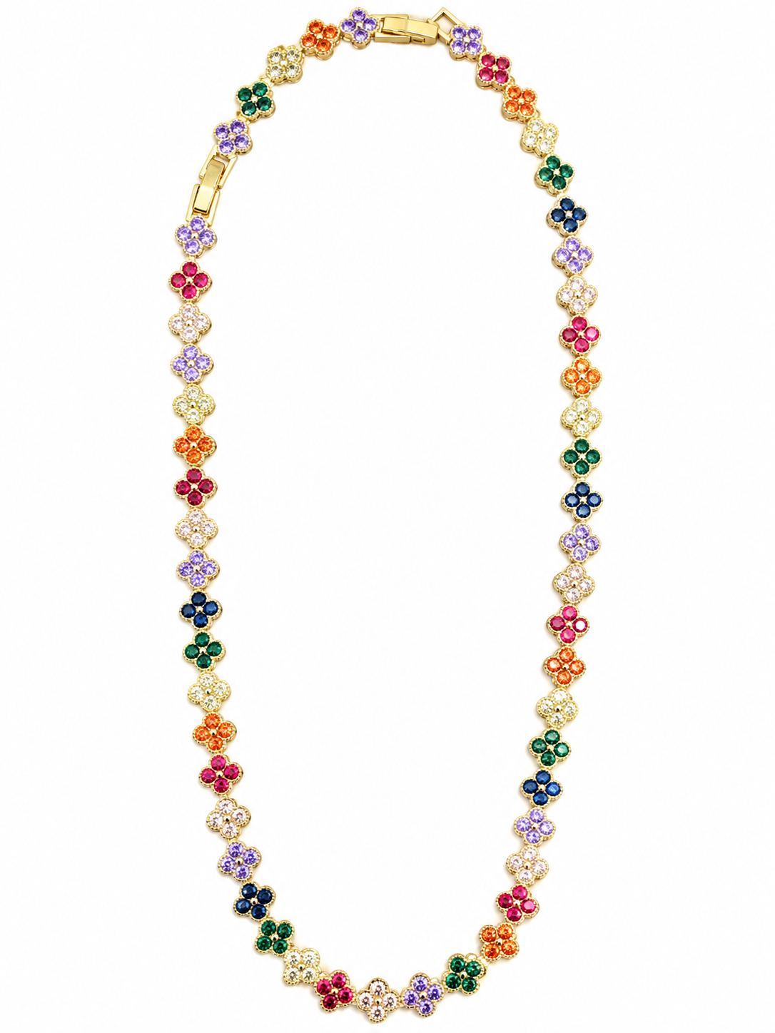 Luxury Multi Clover CZ Tennis Necklace – Elegant Gold-Tone Jewelry