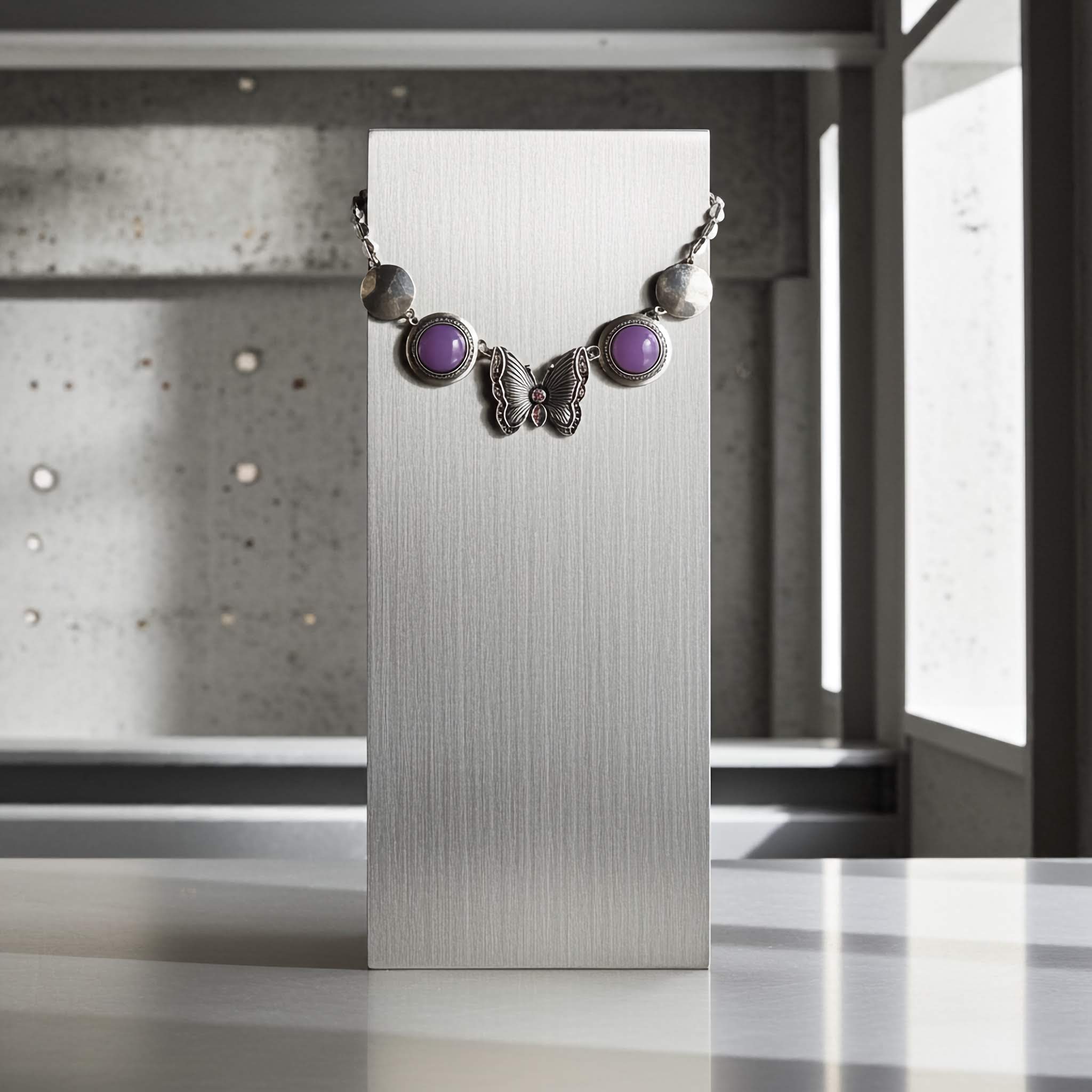 A Silver plated $10 jewelry necklace with colourful gemstone charms on a wooden surface