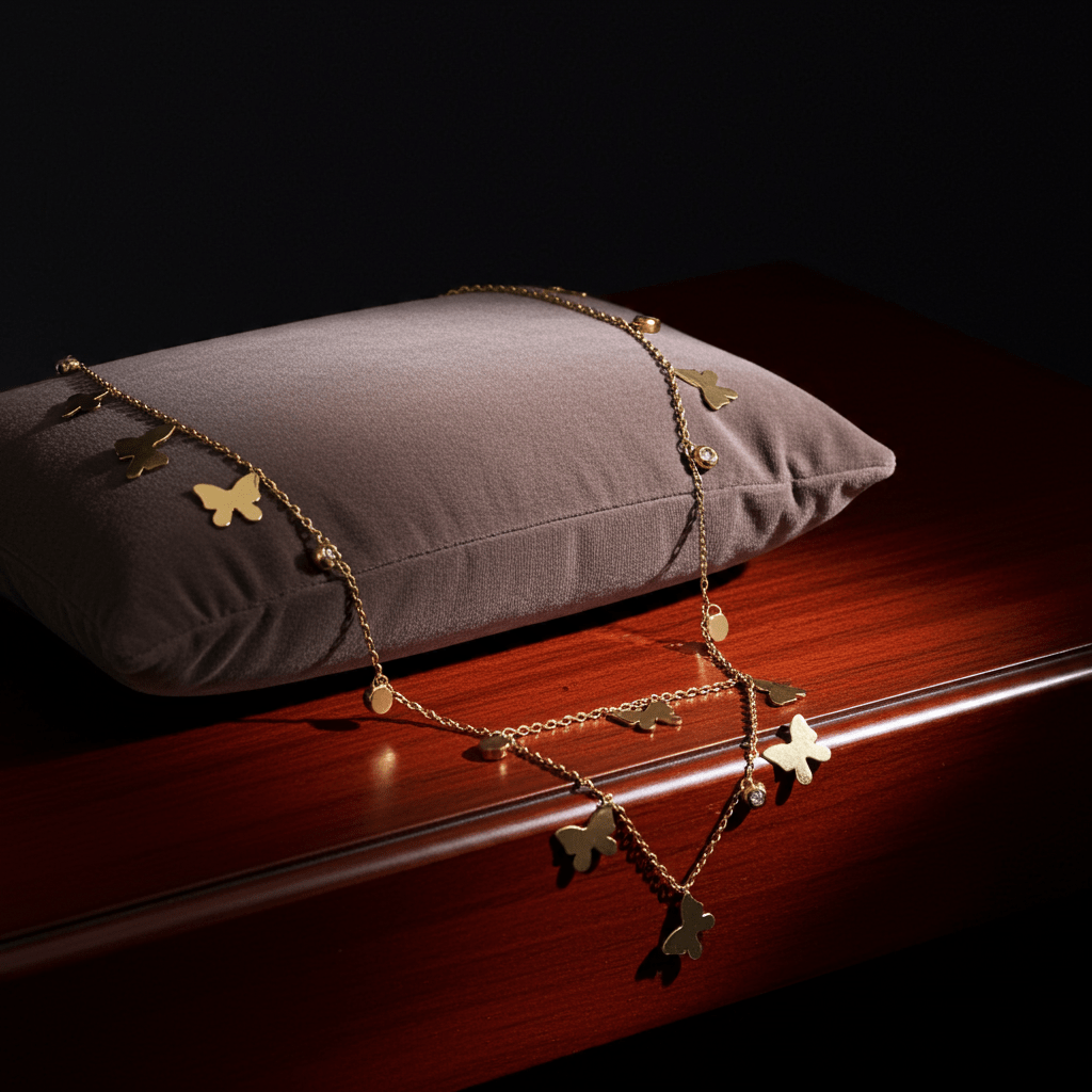 Gold necklace with butterfly charms on a gray pillow against a dark background
