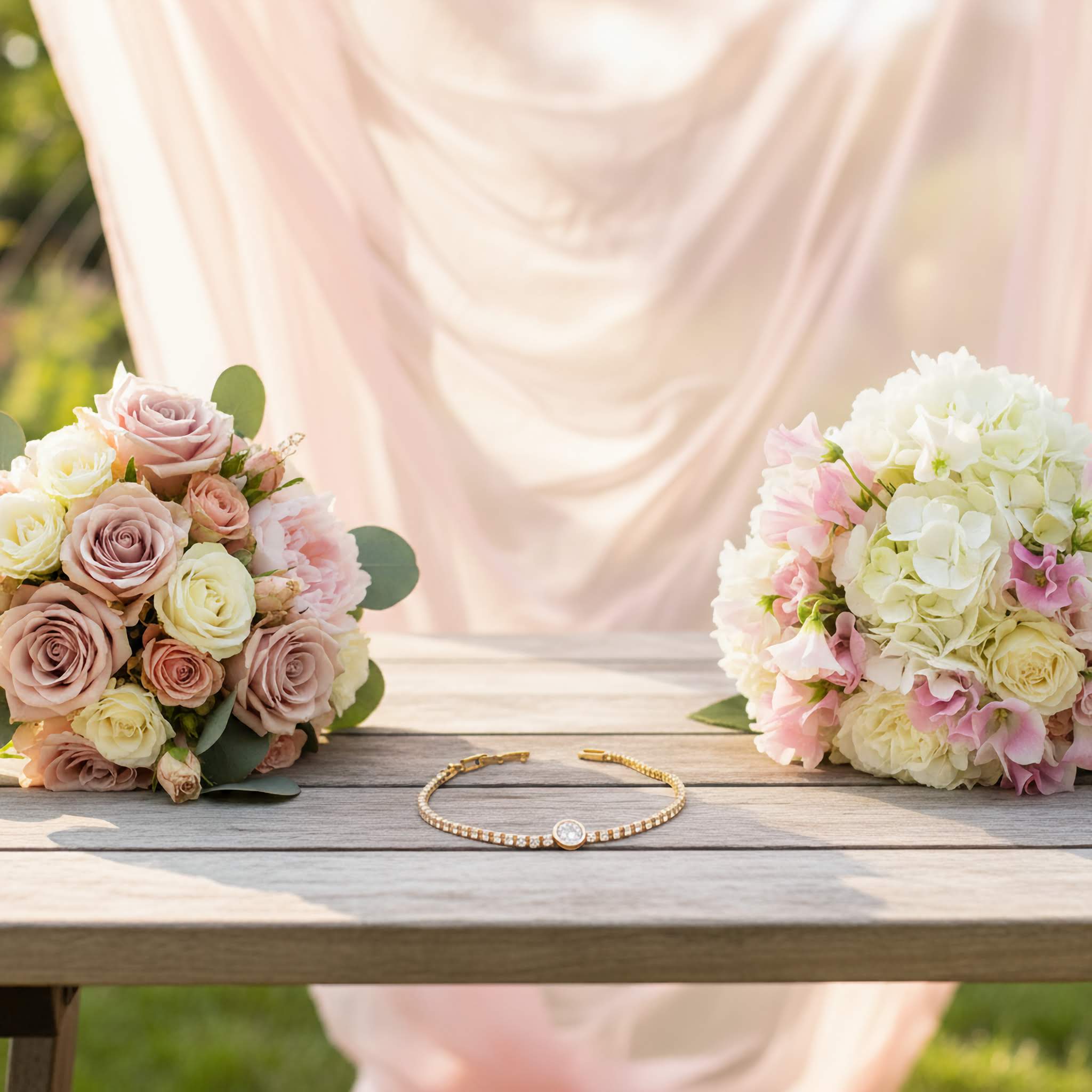 Bouquets of pink and white flowers on a wooden table with a gold bracelet clear crystals, against a soft pink fabric backdrop.