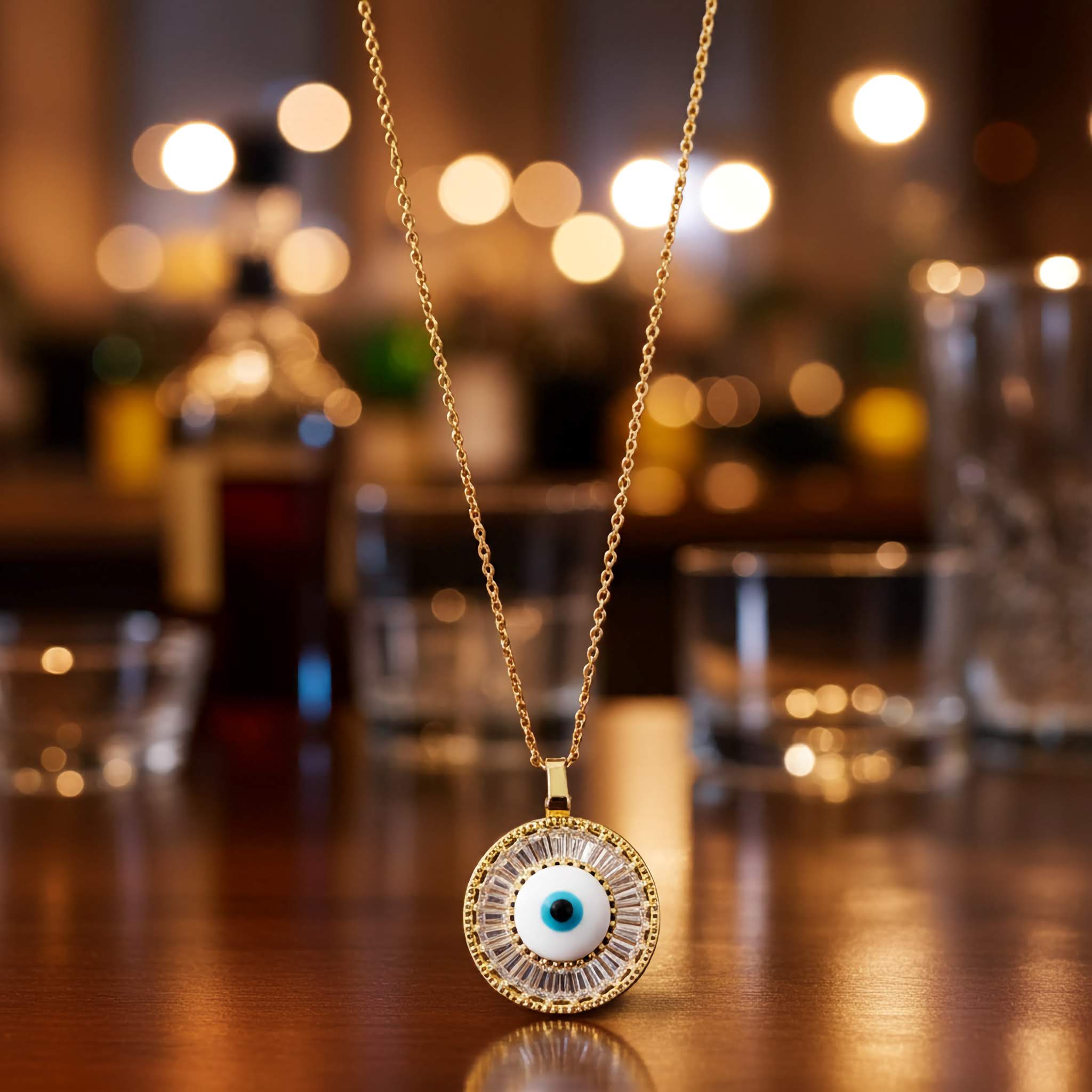 A evil eye inspired Gold necklace with an eye-shaped pendant on a blurred bar background