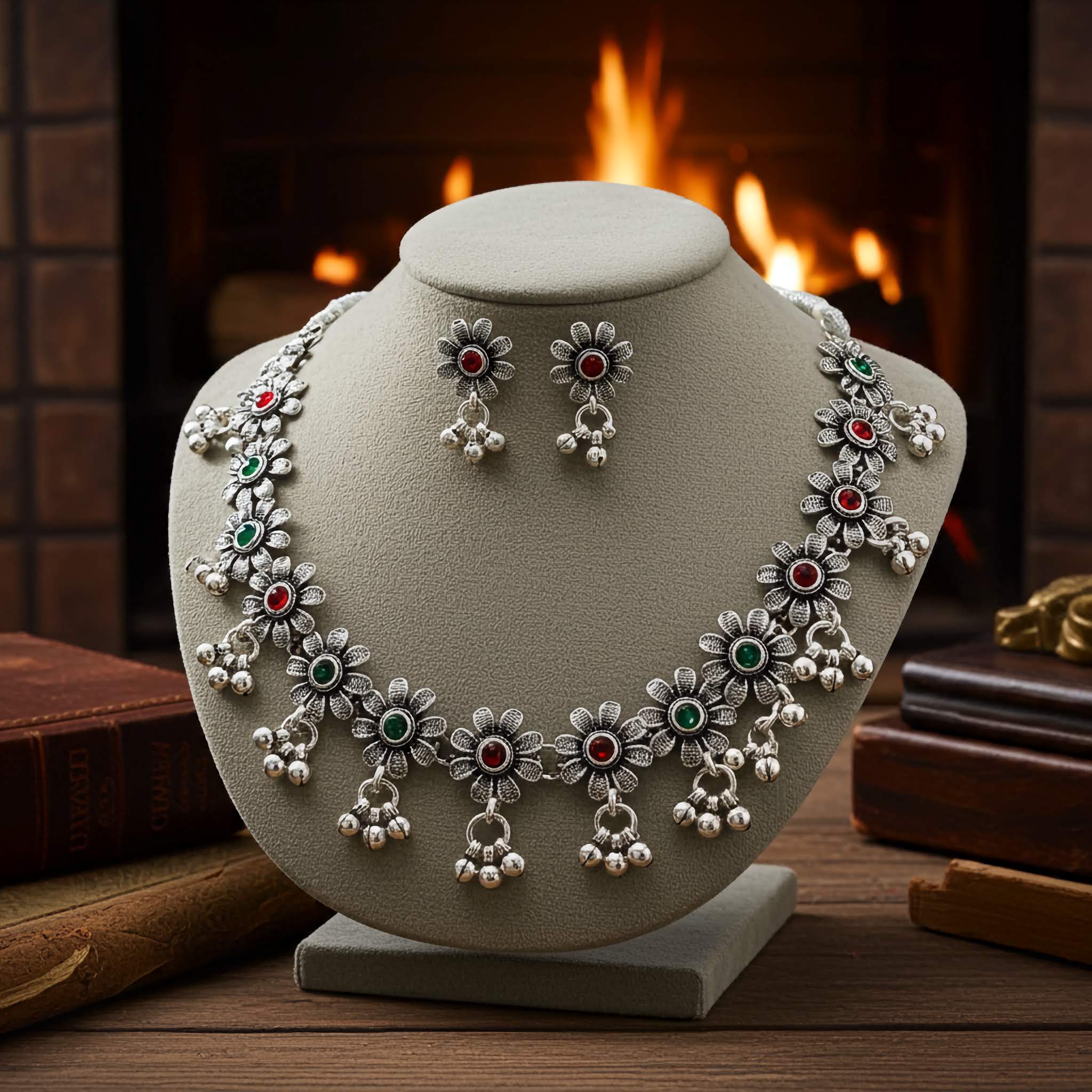 Silver floral necklace and earrings on a gray stand with a fireplace in the background