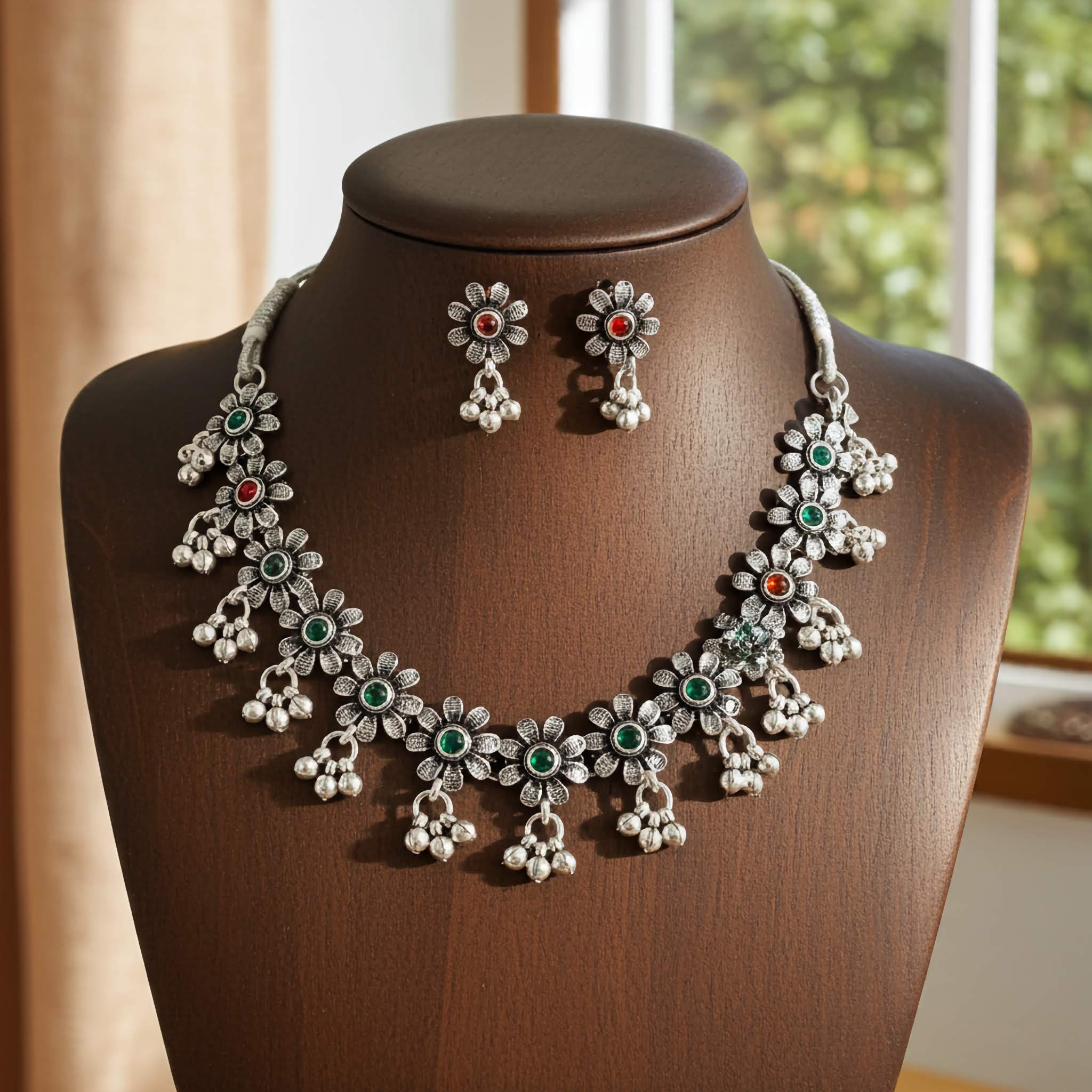 Oxidized Silver necklace and earrings on a mannequin bust with a blurred indoor background