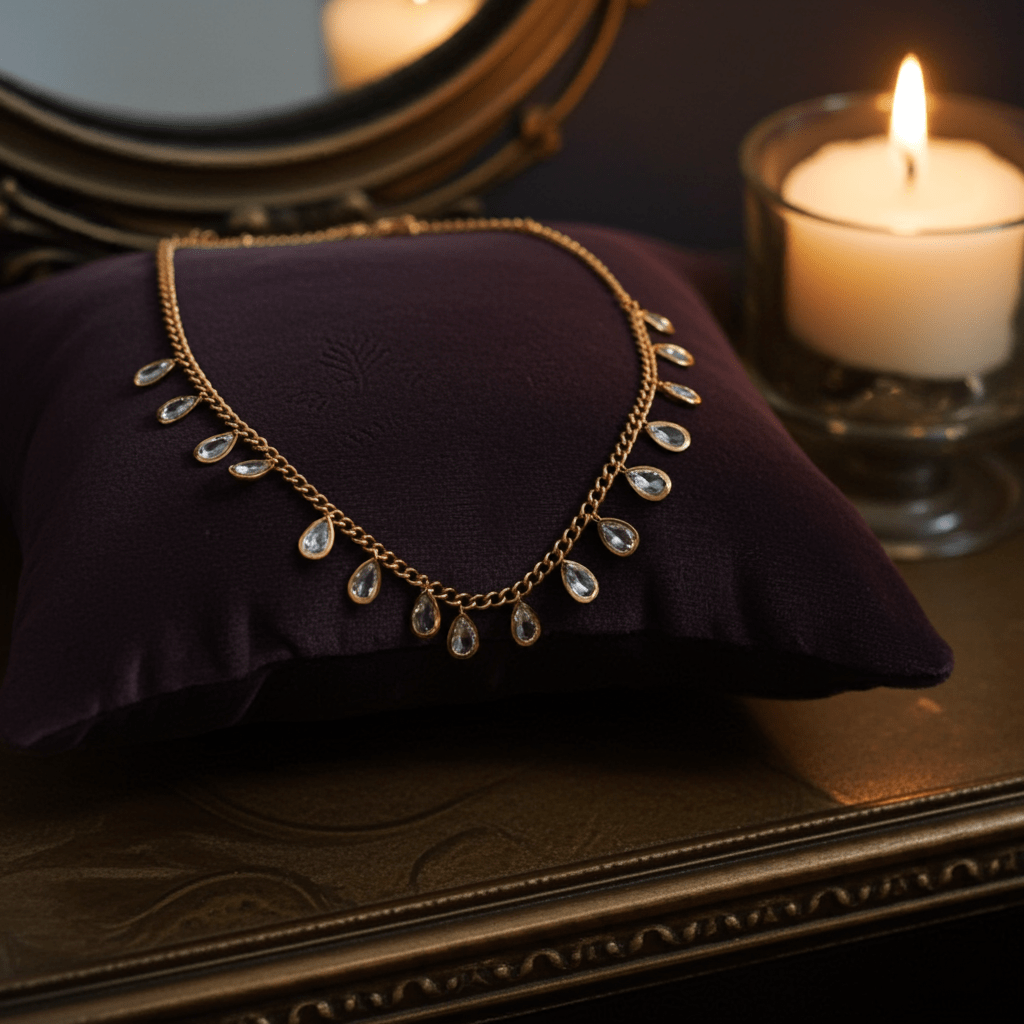 Shop Cubic Zirconia 18k Gold necklace with teardrop pendants on a purple pillow next to a lit candle.