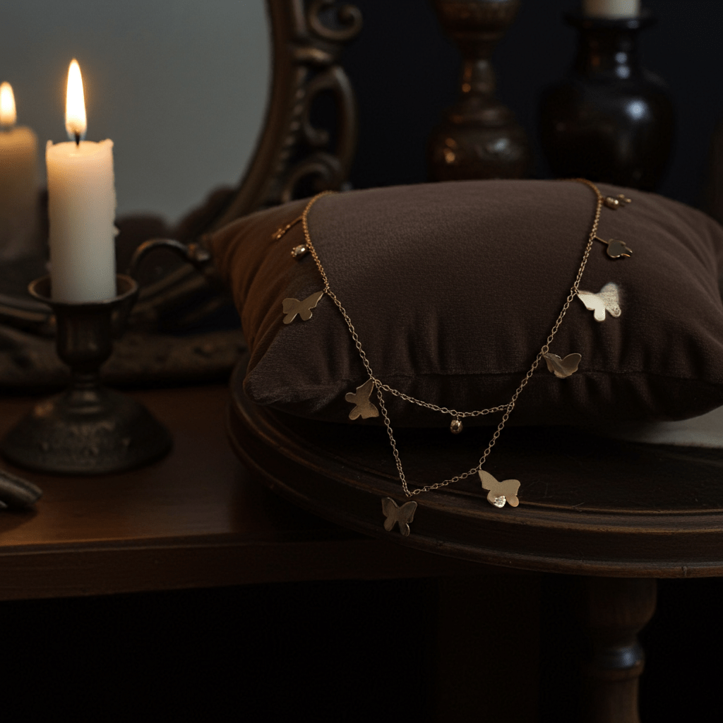 Necklace with butterfly charms on a brown pillow next to candles on a wooden table.