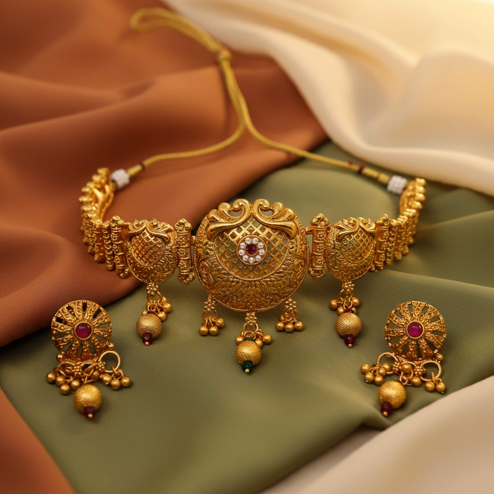 Gold plated choker necklace and earrings set on a fabric background