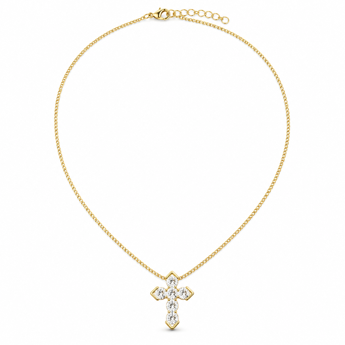 18K gold-plated cross pendant necklace with six clear AD stones on a white background