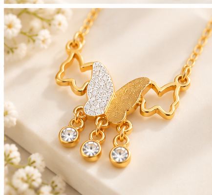 LeDeSaRa 18K gold plated three butterfly dangling AD stone necklace detail