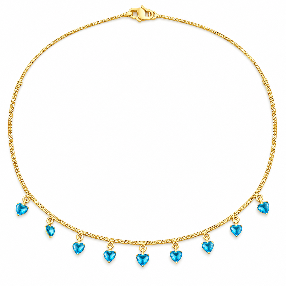 Gold-tone necklace with nine aqua blue heart charms on a white background