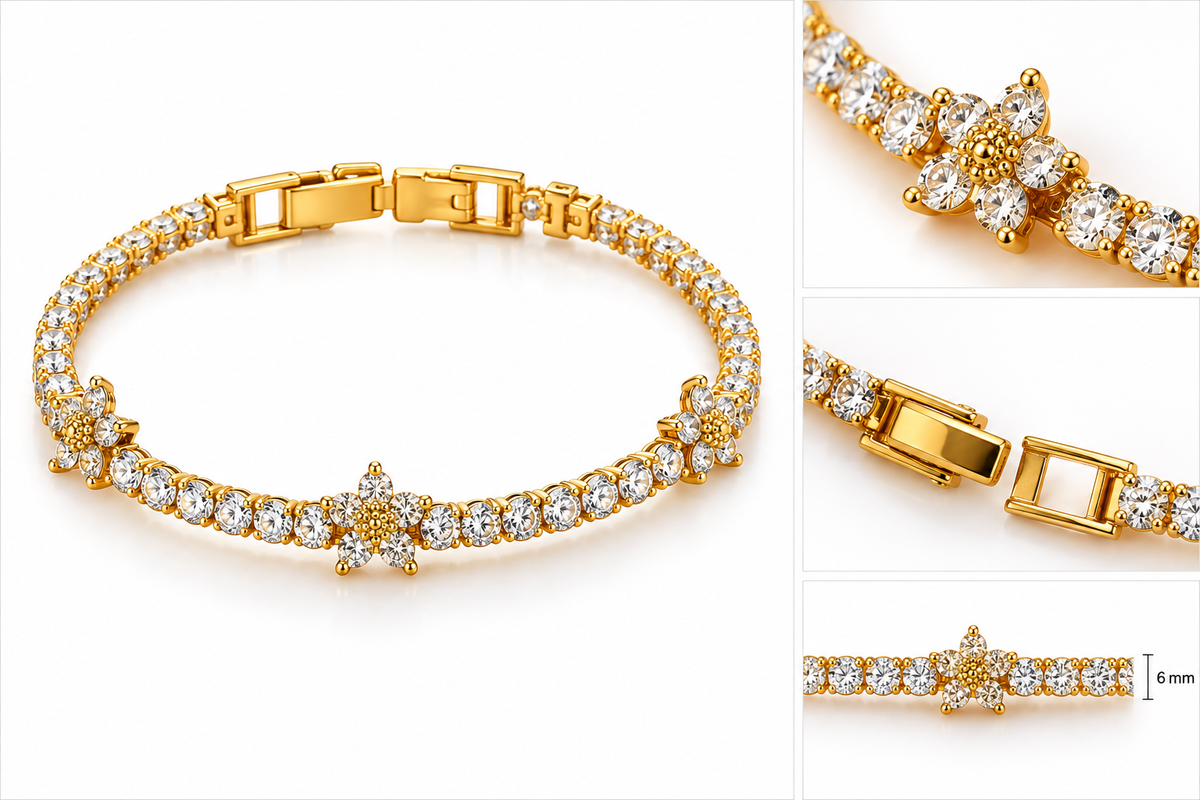 LeDeSaRa gold-tone floral cubic zirconia tennis bracelet on white background with detail views