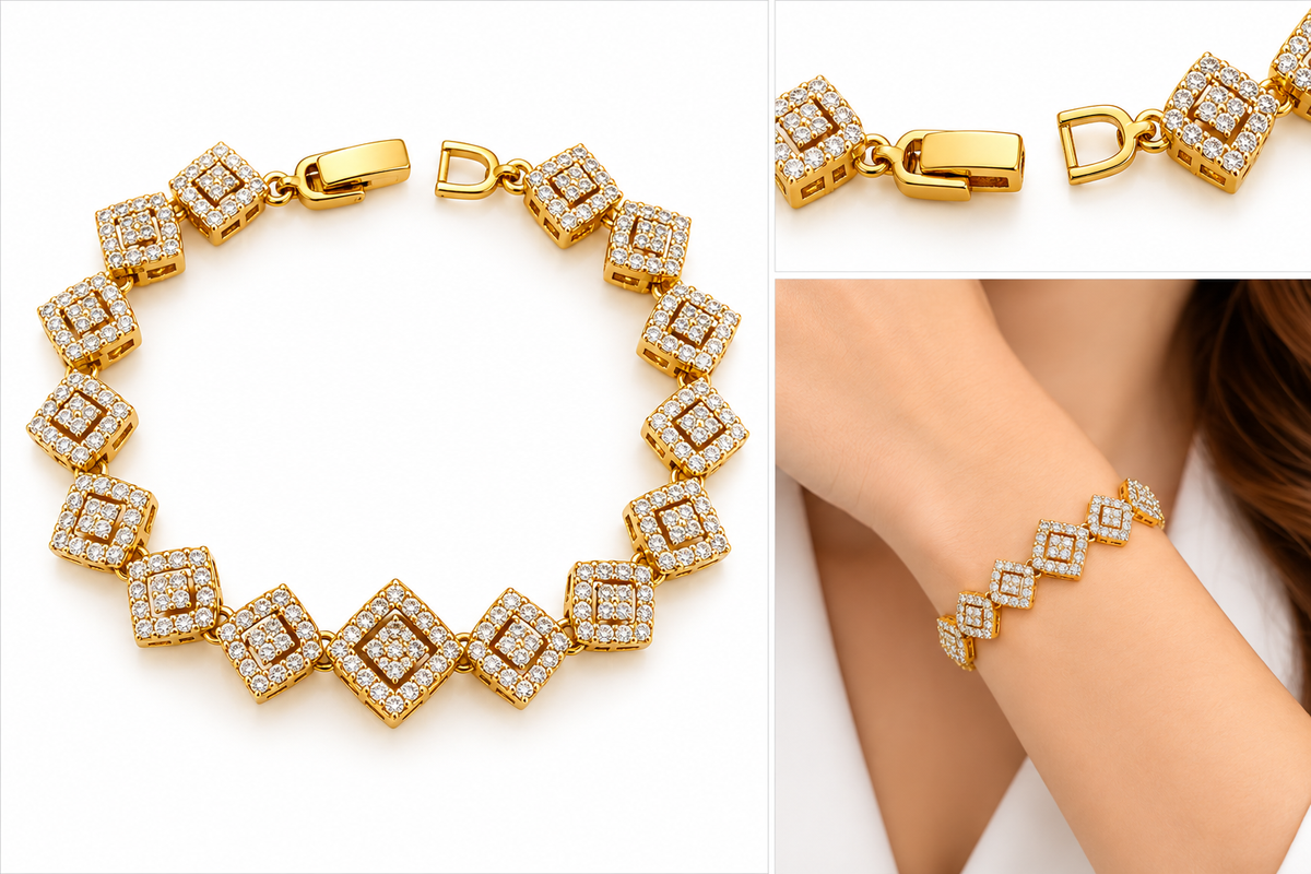 Gold-tone geometric cubic zirconia square link bracelet with white background product detail and model wearing it