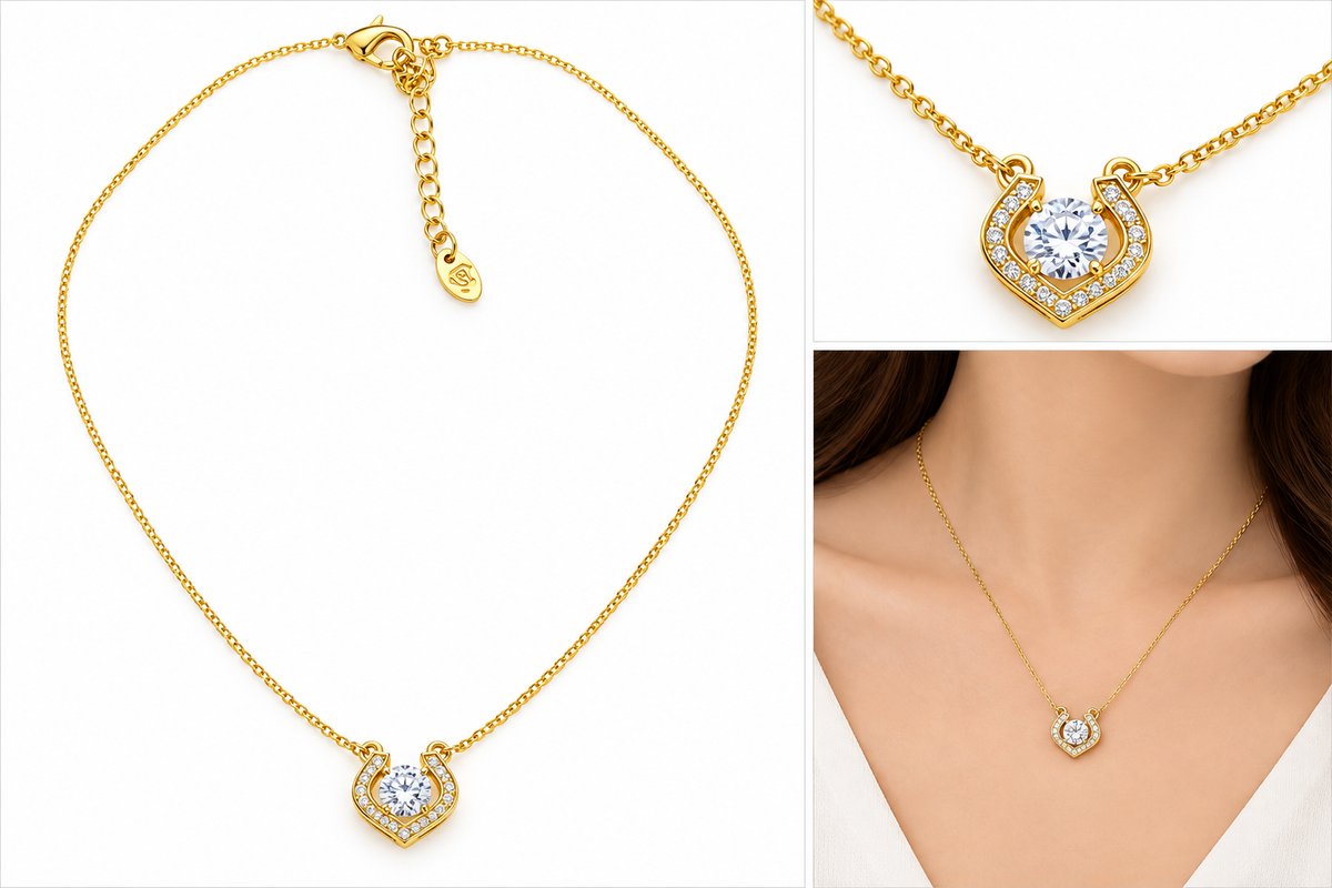 LeDeSaRa gold-tone heart pendant necklace with clear sparkling stone, white-background detail and model wearing necklace