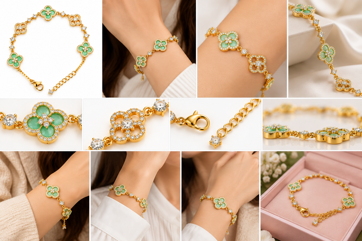 LeDeSaRa green clover bracelet: gold-tone AD stone charms, model wrist photos, clasp close-ups and gift-box presentation
