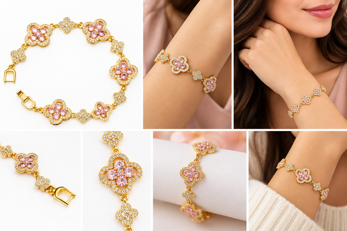 Pink and gold AD stone clover bracelet by LeDeSaRa, white background and model wrist views