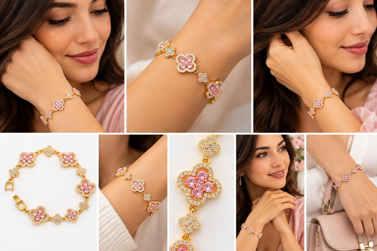 LeDeSaRa pink and gold AD stone clover bracelet on models, close-up wrist views and jewelry details
