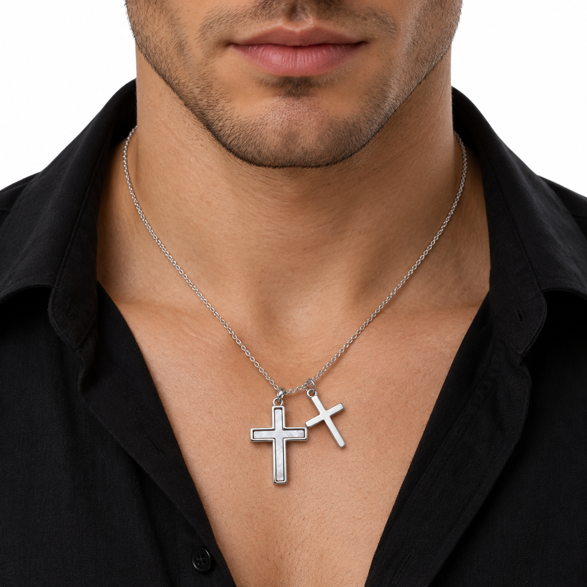 Male model wearing LeDeSaRa silver-tone stainless steel double-cross necklace