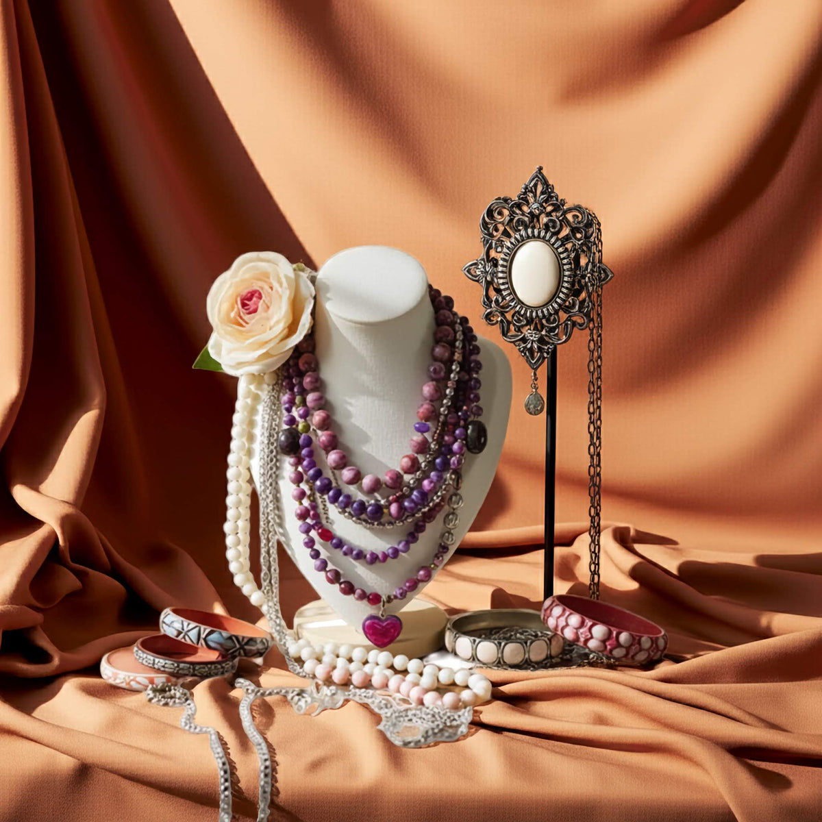 Jewelry set including necklaces, bracelets, and a mirror on a brown fabric background