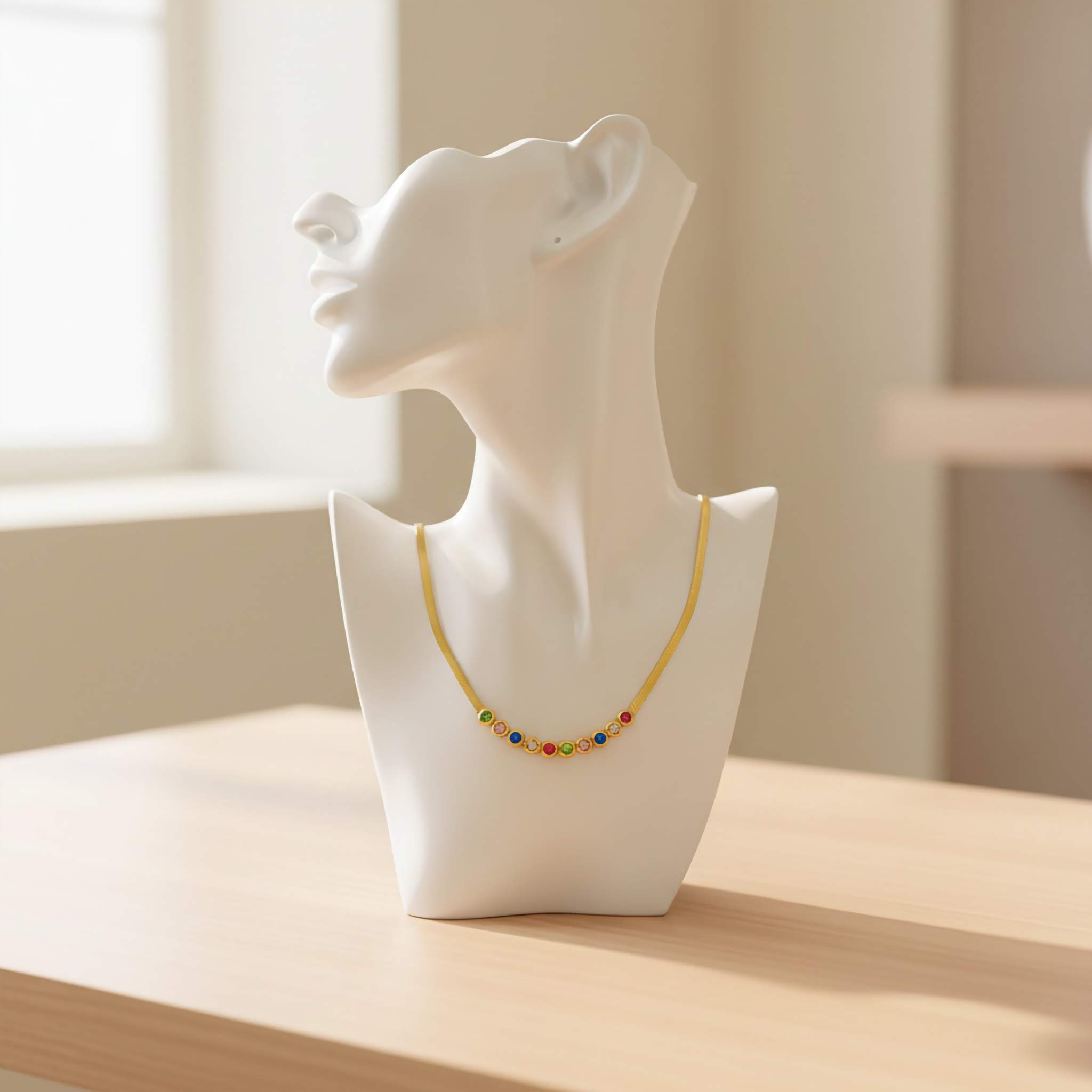 White ceramic bear figurine with a colorful beaded necklace on a wooden surface.