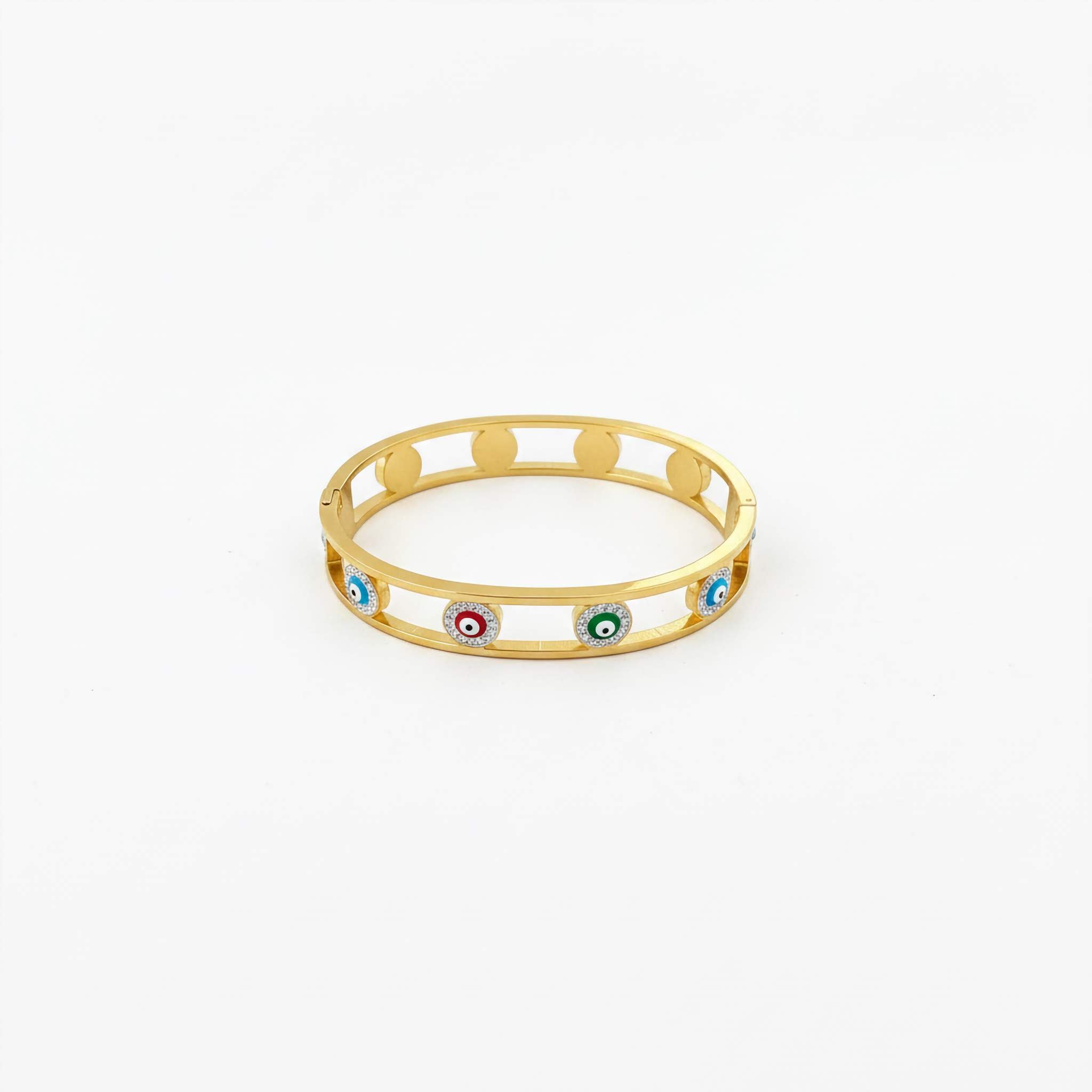 18k gold plated multicoloured evil eye bracelet in white background