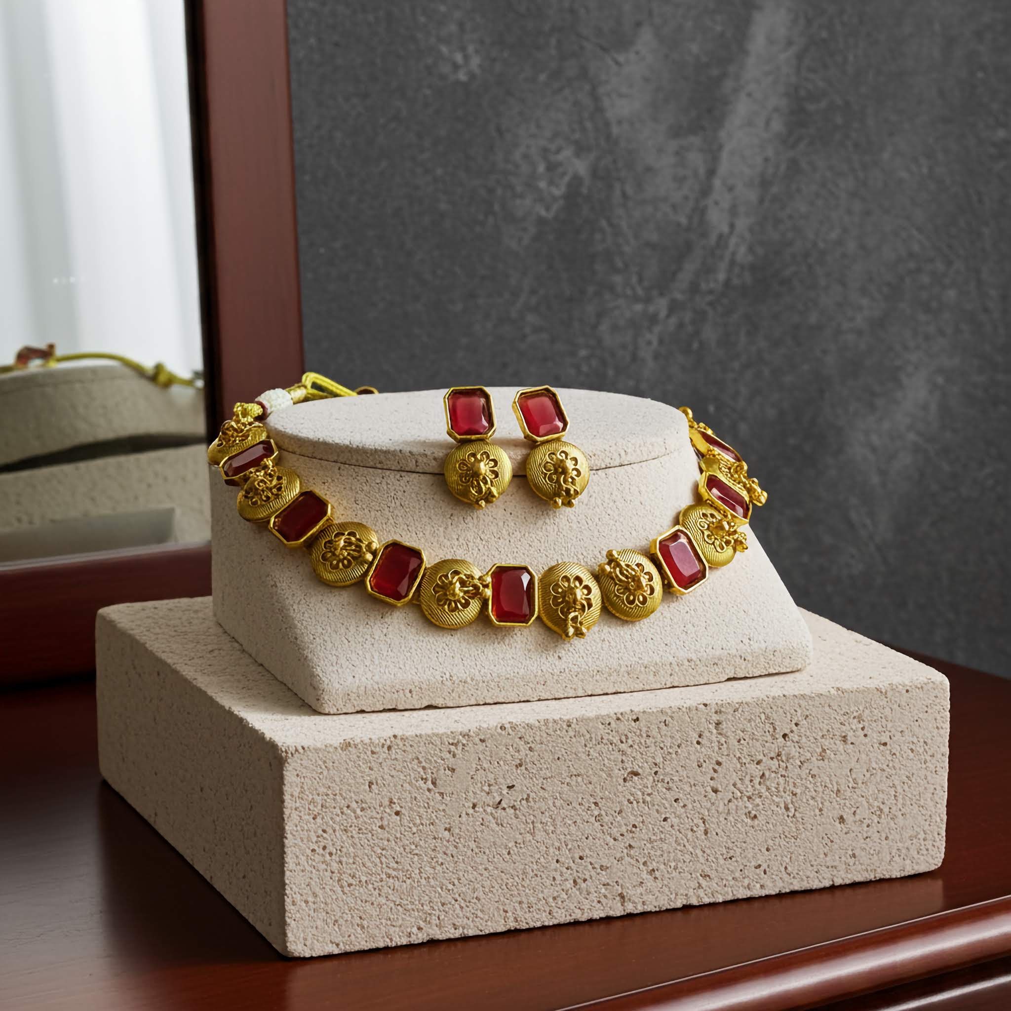 Gold and red jewelry set on a beige stand with a blurred background