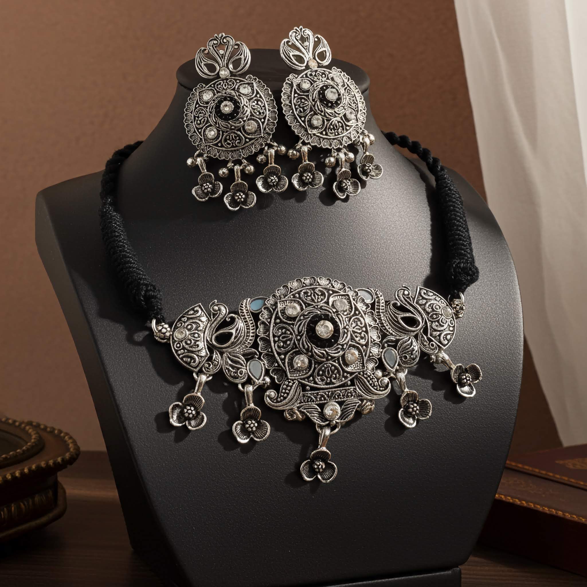 oxidized silver necklace and earrings on a black stand with a brown background