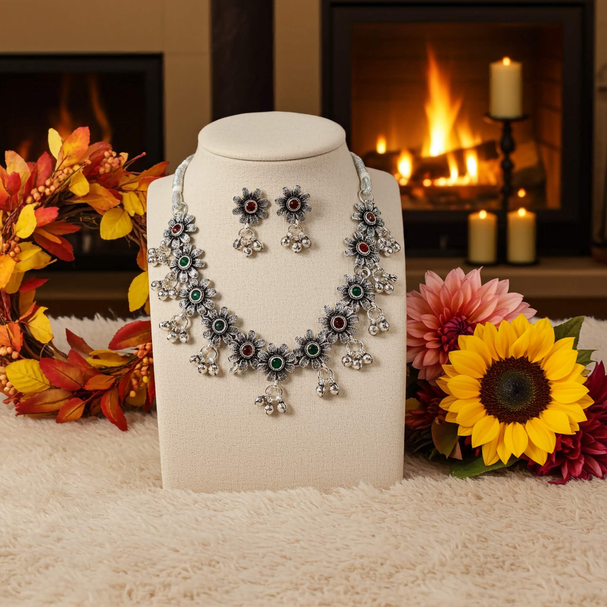 oxidized Silver jewelry set of floral necklace and earrings on a mannequin bust with a fireplace and flowers in the background