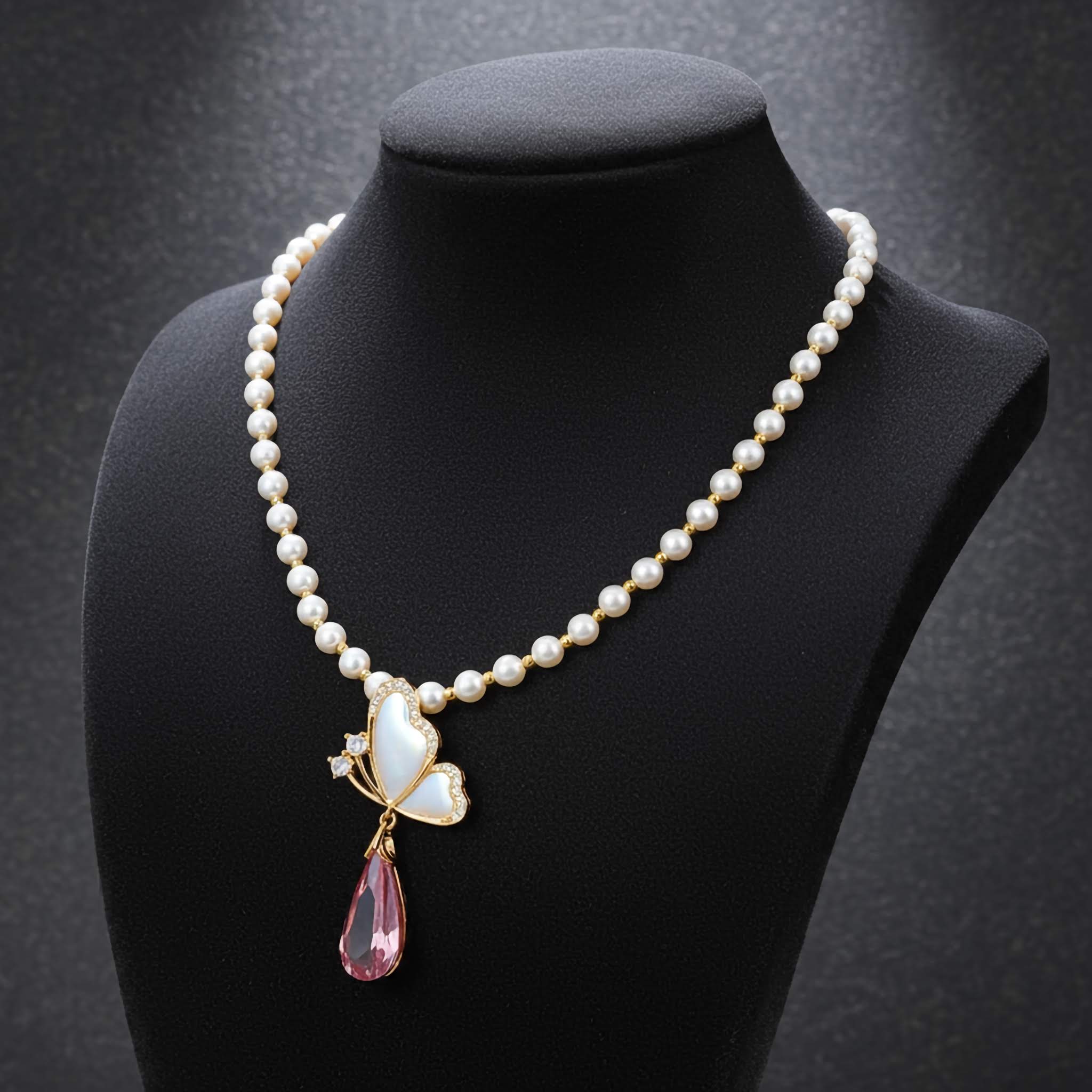 Pearl necklace with a decorative pendant on a black mannequin against a dark background