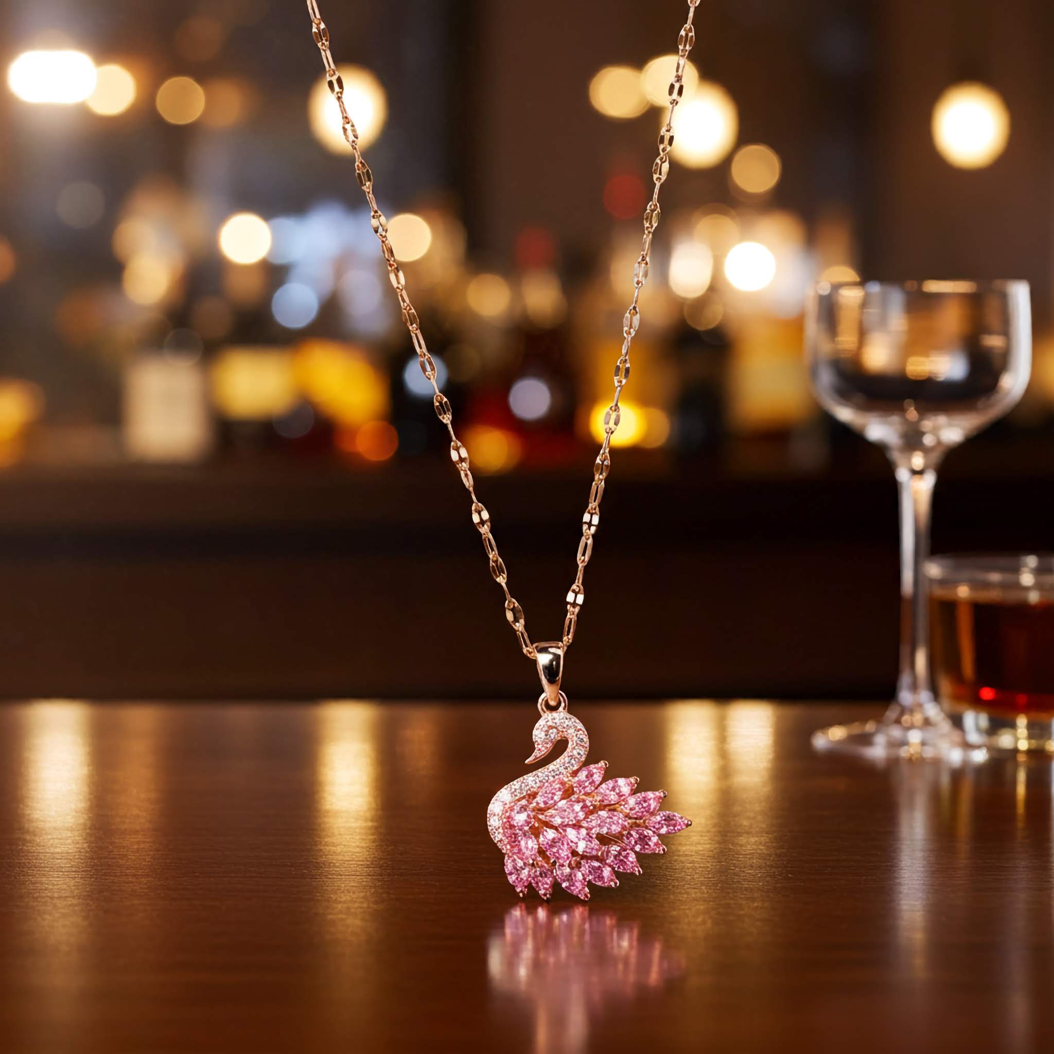 A swarovski crystal Pink swan necklace on a wooden surface with blurred bar background