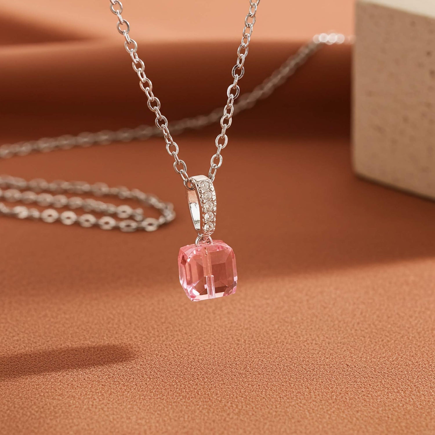 imitation jewelry gifts for friends: elegant pink crystal necklace on a silver chain