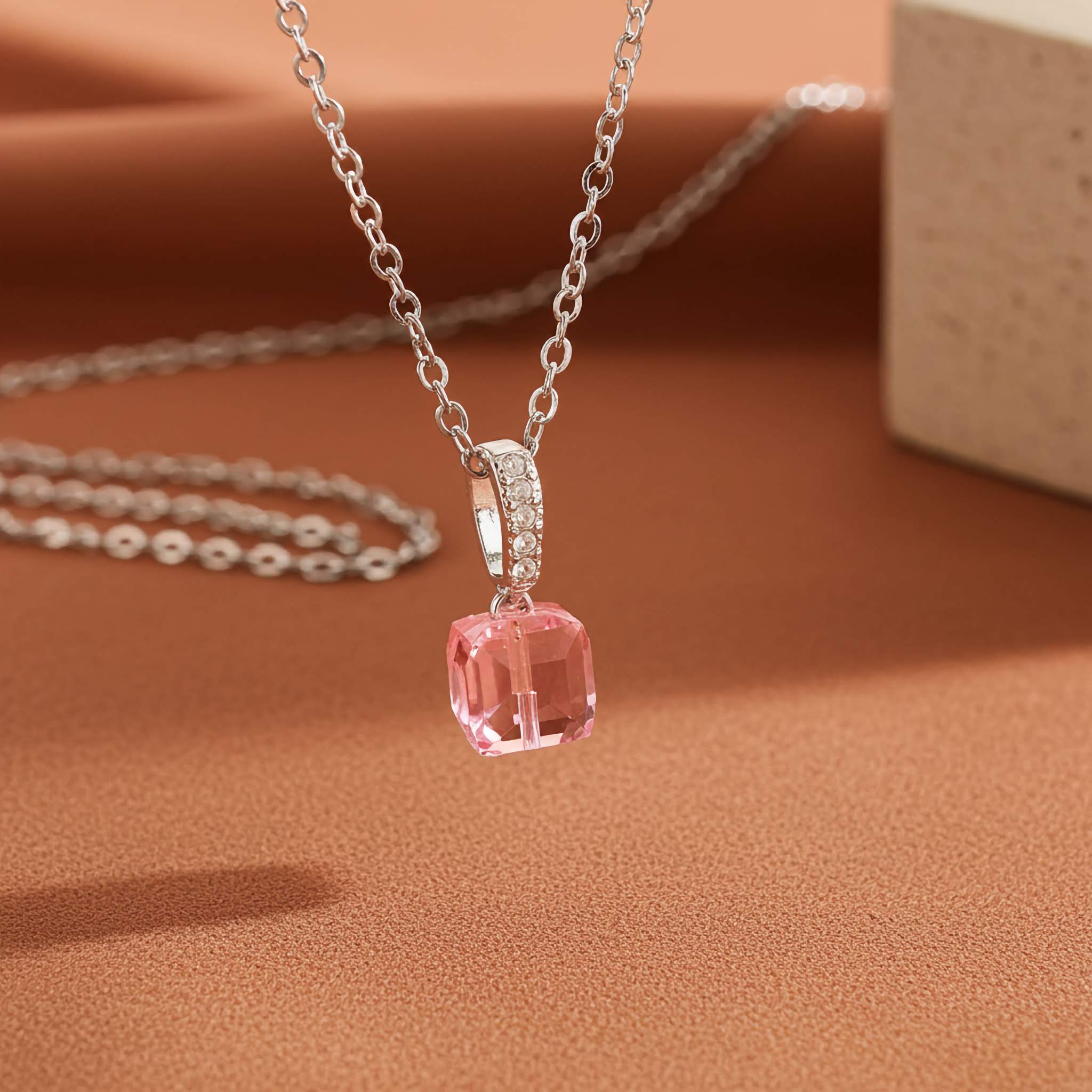 imitation jewelry gifts for friends: elegant pink crystal necklace on a silver chain