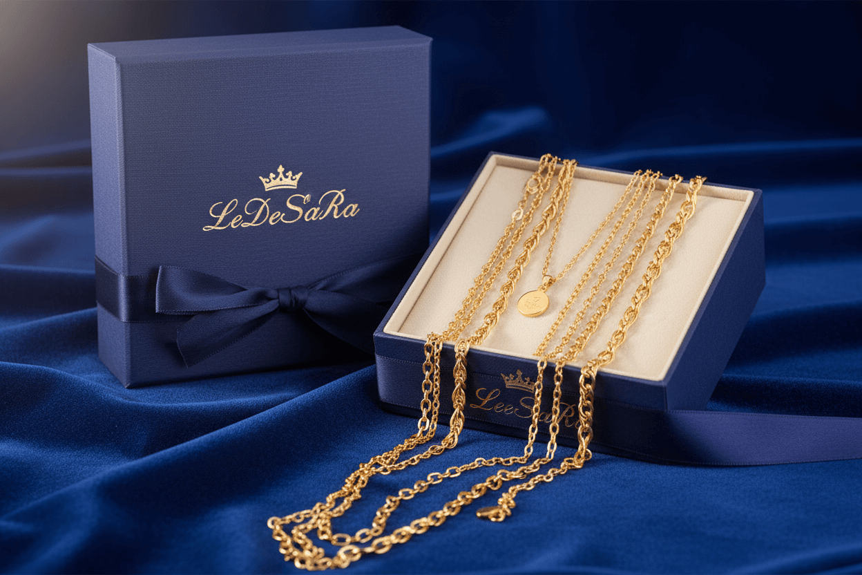 Blue background showing a gift box of LeDeSaRa necklaces. Chain Necklaces | Elegant Jewelry