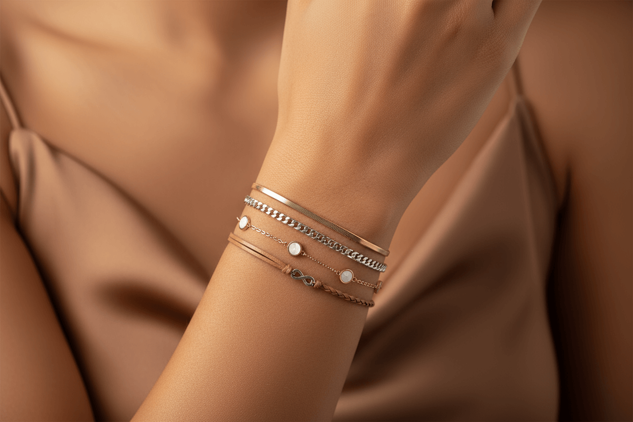 A girl showing chain bracelets brown background.