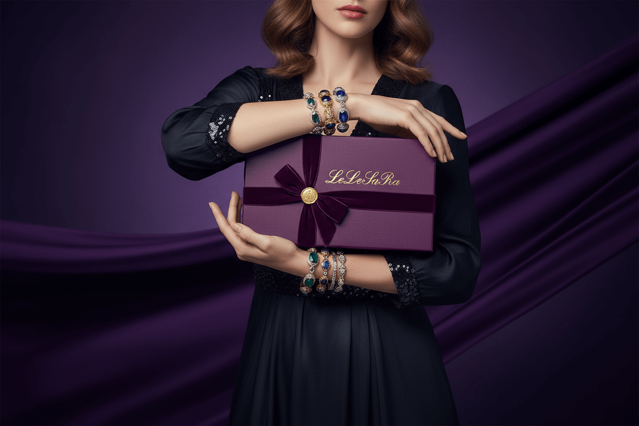 Purple background girl showing stacked bracelets. Gold Plated Bracelet Collection | Elegant Luxury Jewelry