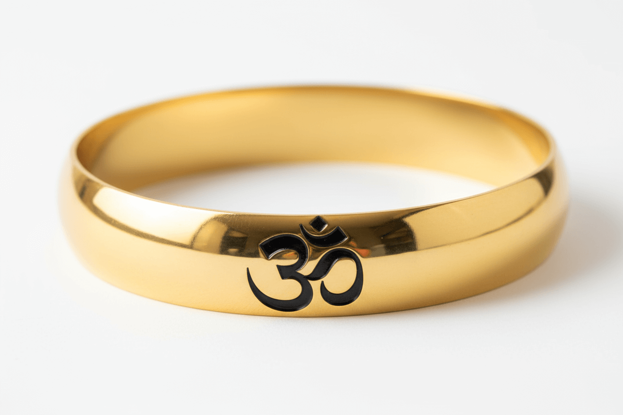 Hindu Kada bangles, gold bangle featuring black Om symbol, perfect for traditional and modern occasions.