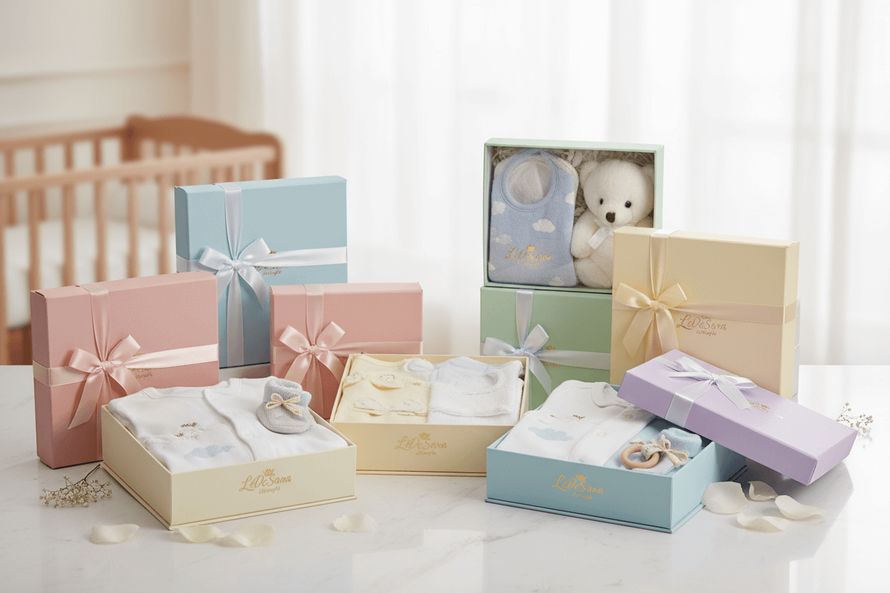 Colorful Kids Gift Boxes arranged on a table, perfect for gifting baby clothing and toys.