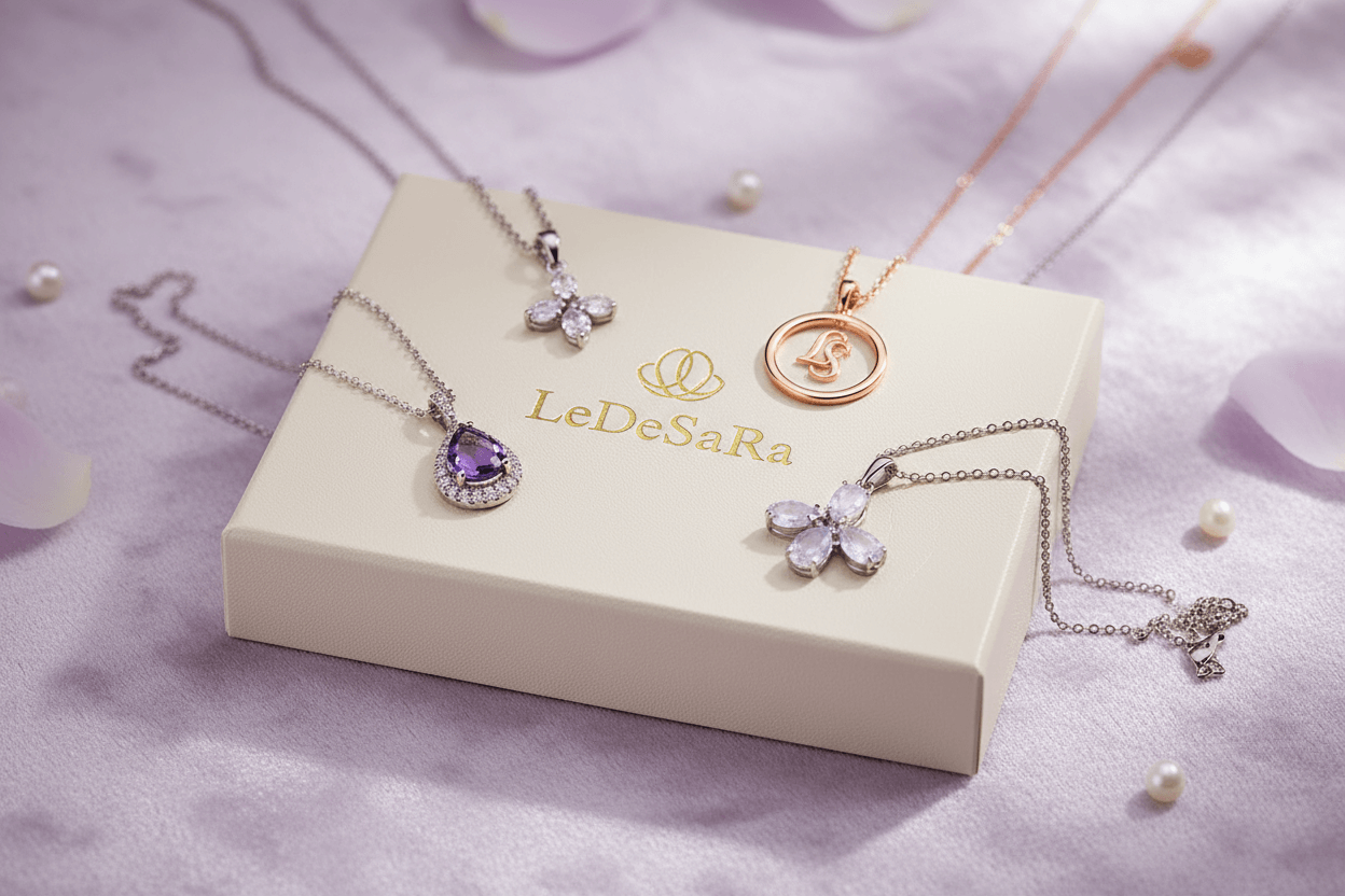 purple bacground showing a gift box of neclace pendants. Necklace Pendant | Elegant Luxury Jewelry