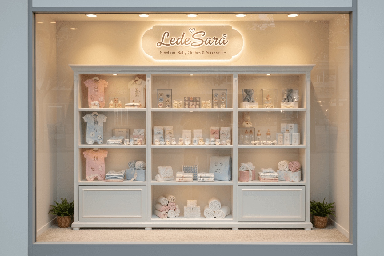 Trendy kids dress and accessories displayed in a stylish storefront for new parents.