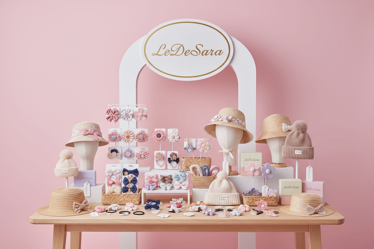 Cute kids hair accessories display featuring various bows, headbands, clips, and hats on a table.