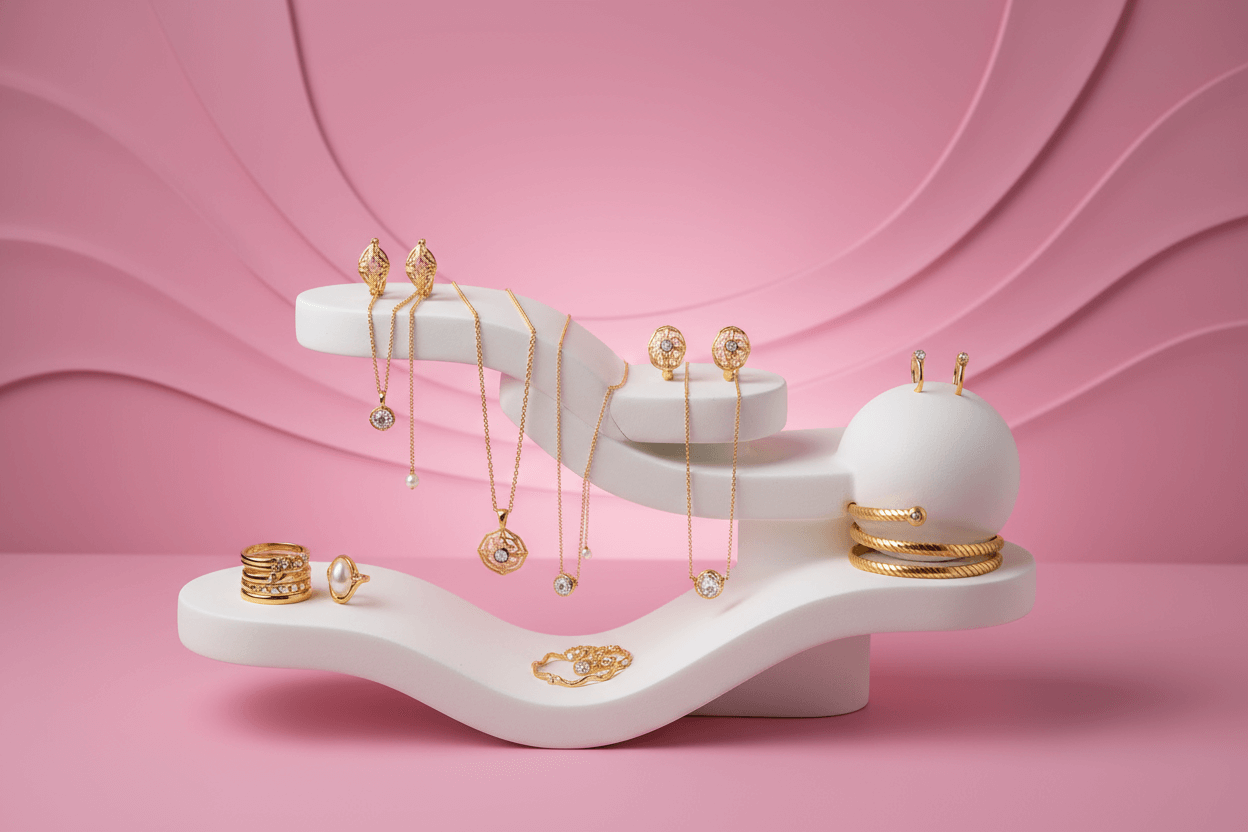 LeDeSaRa Jewelry Collection | Luxury & Elegant Accessories pink background displaying gold plated jewelry