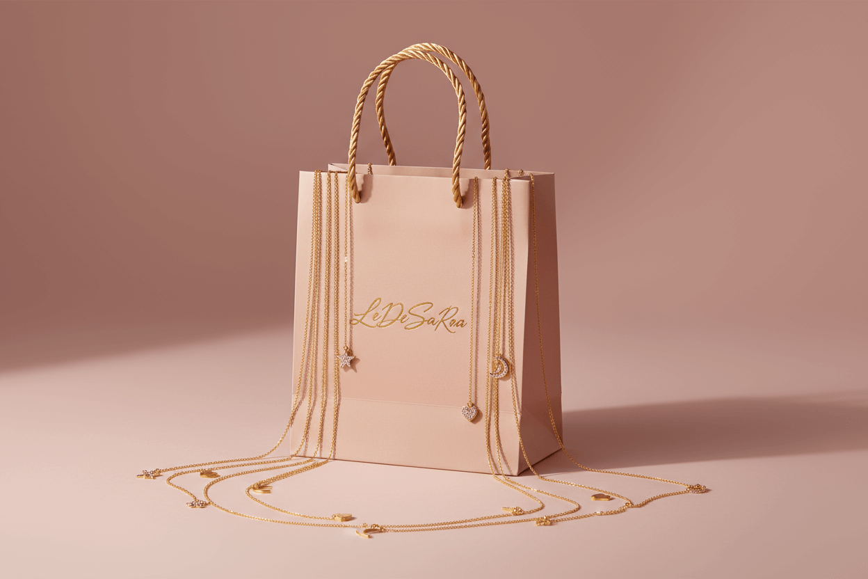 Shopping bag showing necklaces