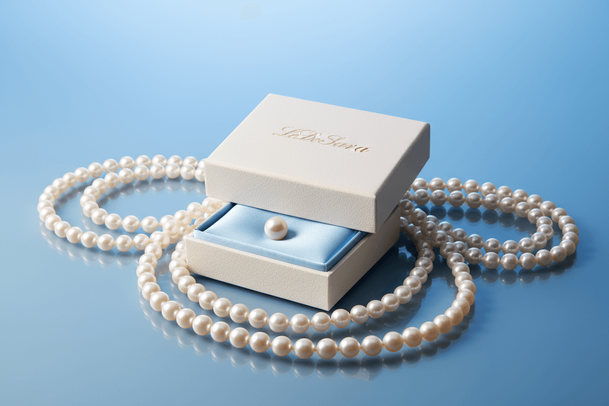 sky blue bacground showing pearl necklaces