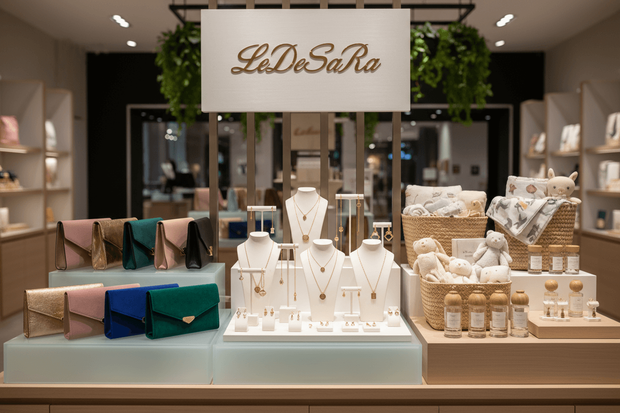 jewelry clutches baby products collection - Shop Now! Display of elegant jewelry, stylish clutches, and adorable baby products.