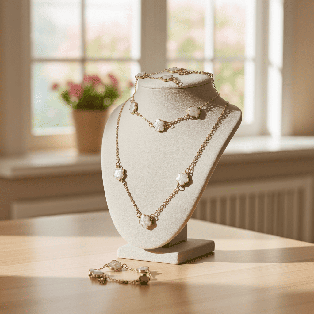 white clover Necklace and bracelet on a white bust with a soft, blurred background