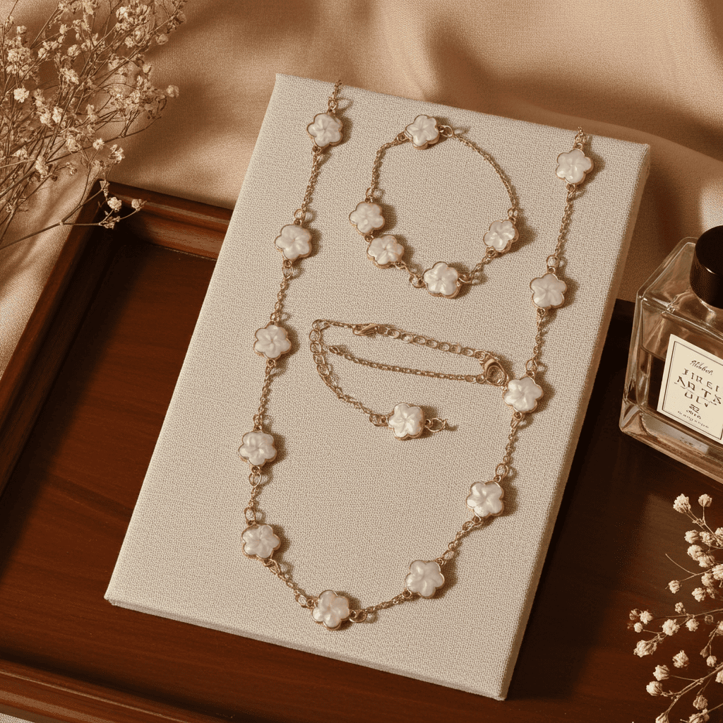 18k gold Jewelry set with necklace, bracelet, and earrings on a textured surface with flowers and a perfume bottle.