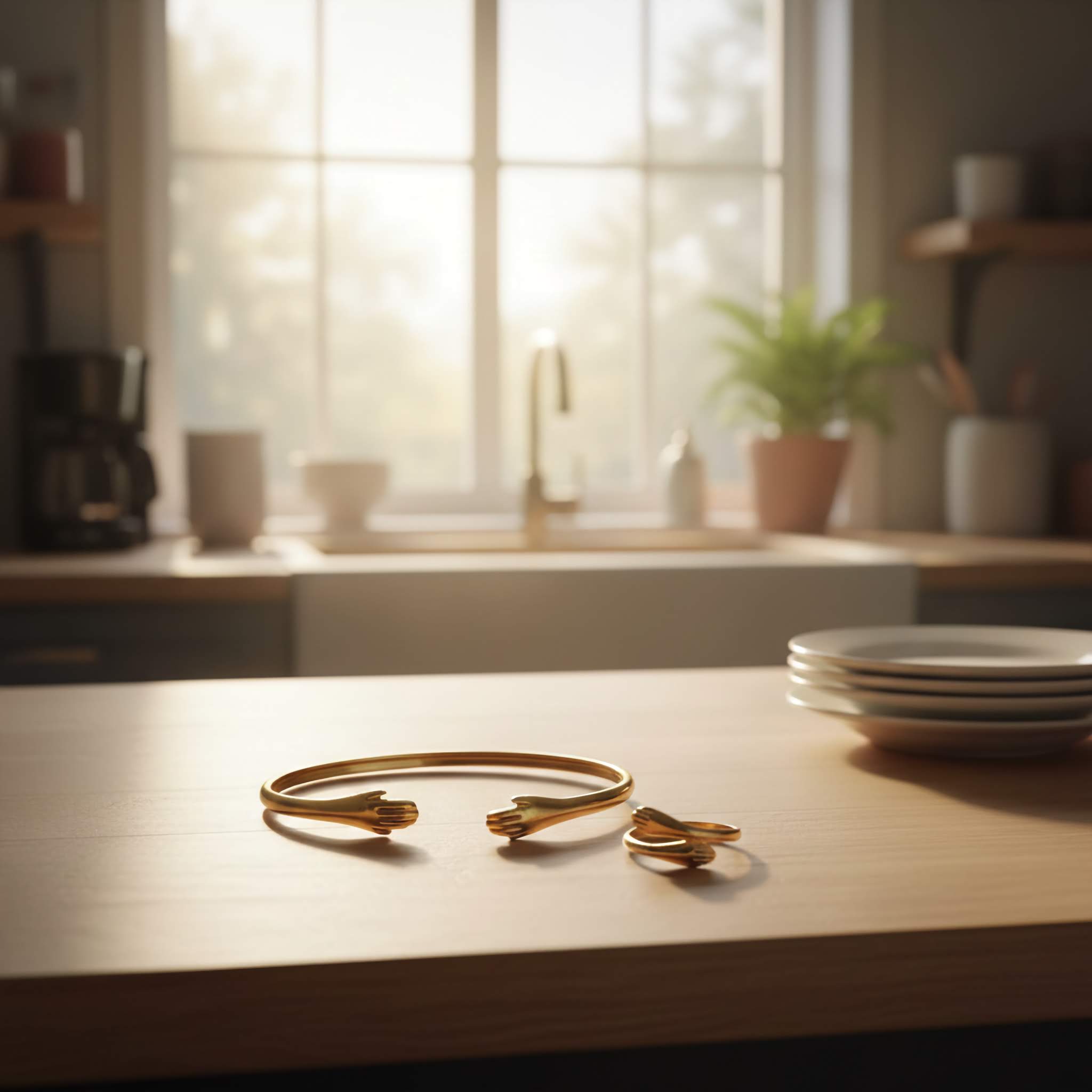 18k Gold plated bracelet and ring on a wooden surface with a blurred kitchen background