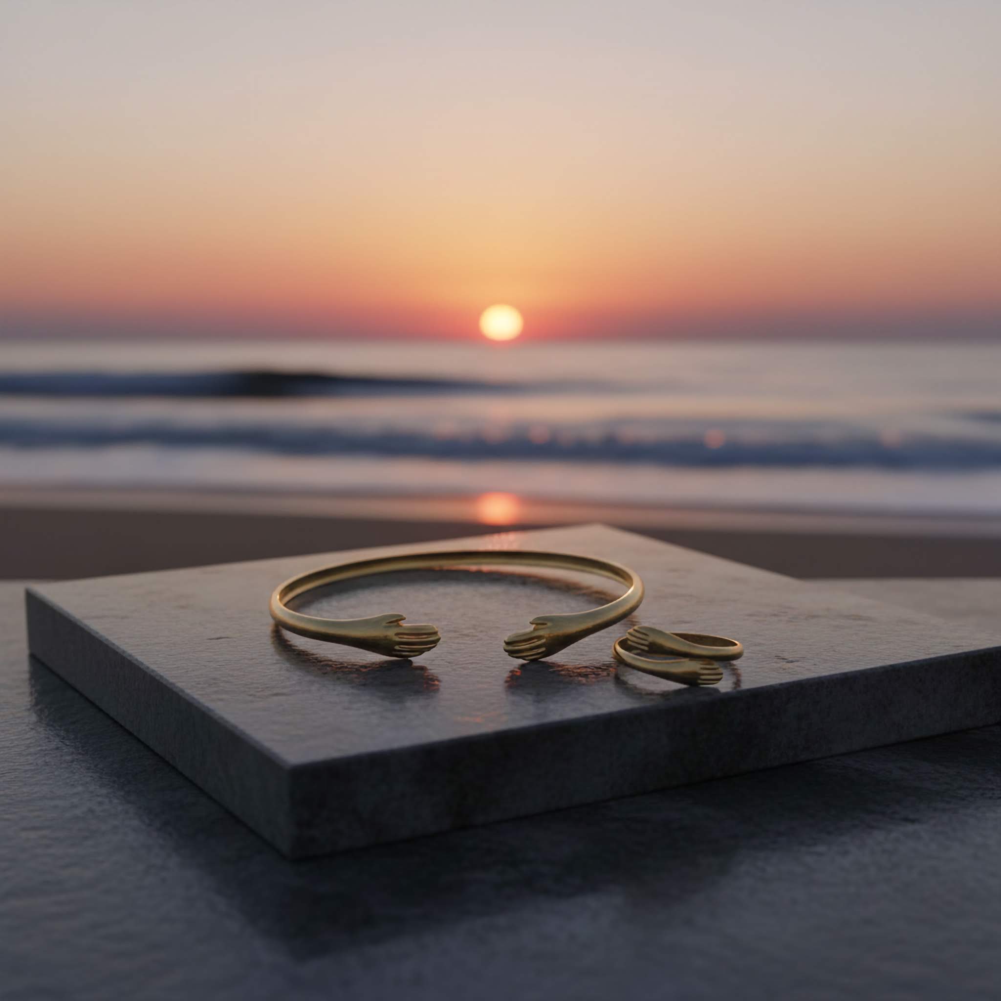 18k Gold plated bracelet and ring set on a stone surface with a sunset over water in the background